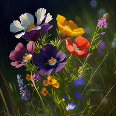 A bouquet of colorful wildflowers against a green meadow