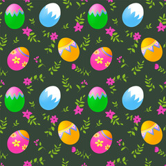 A set of seamless backgrounds with Easter eggs with a pattern and flowers, vector graphics 1000x1000 pixels.