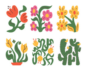 Vibrant Set of Groovy Floral Illustrations
