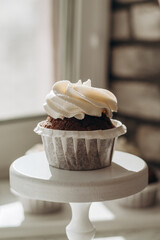 Chocolate muffins. Homemade chocolate muffins. The process of making homemade chocolate cupcakes with whipped cream.