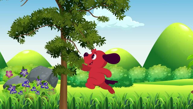 Cartoon Dog Running With Joy In Animated Forest Background With Camera Moving From Left To Right Looping 
