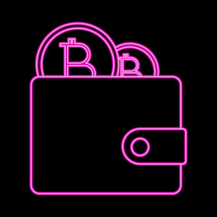 Cryptocurrency bitcoin wallet neon vector symbol for web sites and mobile apps, crypto financial blockchain technology online money coin