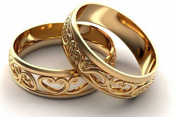 A pair of gold engagement or wedding rings with ornaments on a white background. A symbol of the marriage ceremony. Generative AI illustration.
