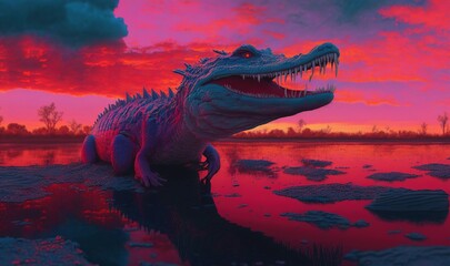  a large alligator sitting on top of a body of water under a cloudy sky with a pink and blue sky behind it and a pink and purple sunset.  generative ai