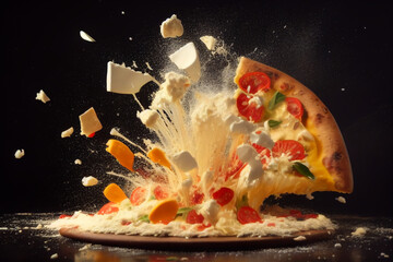 Pizza and Splashes of cheese and red pepper. Italian pizza, Juicy cheese stretches from a slice. pieces of pizza scatter to the sides.  pizza explosion, Soft focus. Ai Generated illustration.