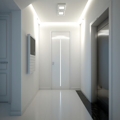 An elevator inside a residential building white lighting