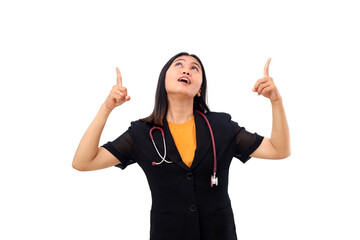 Young asian doctor standing while draping a stethoscope and pointing something above her