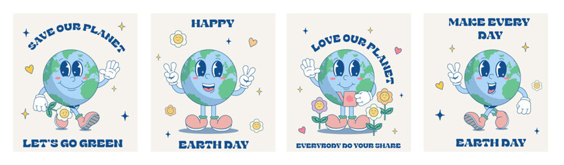 An illustration for Earth Day in a fashionable retro cartoon style. Funny vector illustrations of planet Earth. A set of posters with illustrations for World Environment Day. Eco-green concept.