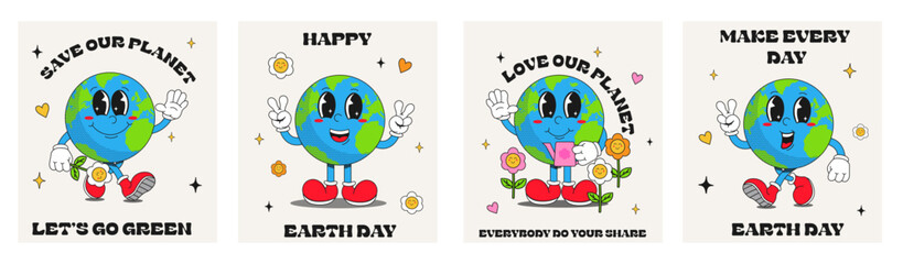 An illustration for Earth Day in a fashionable retro cartoon style. Funny vector illustrations of planet Earth. A set of posters with illustrations for World Environment Day. Eco-green concept.
