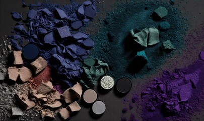  a group of different colored powders on a black surface with a purple and blue background and a green and purple powder on the ground.  generative ai