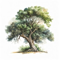 Leaning Old Oak With Exposed Gnarled Roots Watercolor-Style Botanical Illustration with White Background [Generative AI]