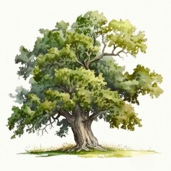 Fototapeta na wymiar Mature Oak Tree Watercolor-Style Botanical Illustration with White Background [Generative AI]