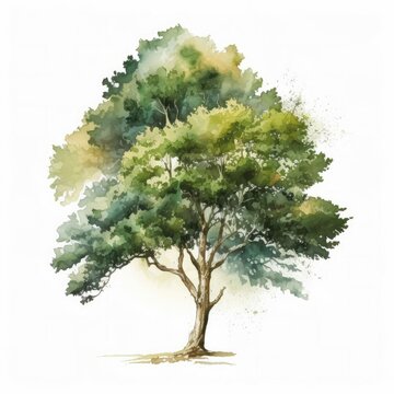 Young Tree in Late Springtime Watercolor-Style Botanical Illustration with White Background [Generative AI]