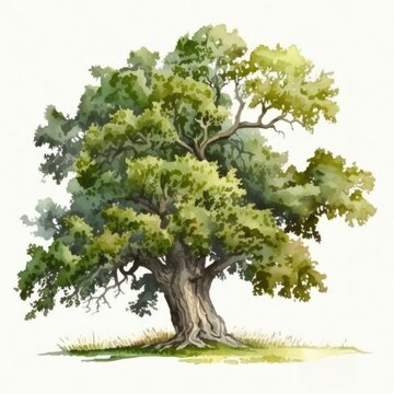 Mature Oak Tree Watercolor-Style Botanical Illustration with White Background [Generative AI]