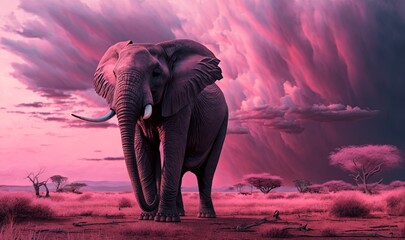  a painting of an elephant in a pink and purple sky with a pink cloud in the background and trees in the foreground, and a pink sky with clouds in the background.  generative ai