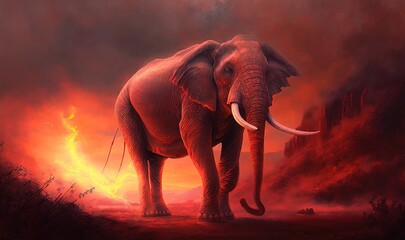  a painting of an elephant standing in a field with a red sky in the background and red clouds in the sky behind it, and a red and orange glow of fire in the foreground.  generative ai