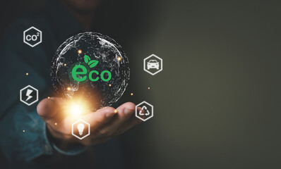 Entrepreneur hand point at digital screen dashboard while control and reduce carbon emission for global friendly business. Business with environment concern, carbon credit and zero emission