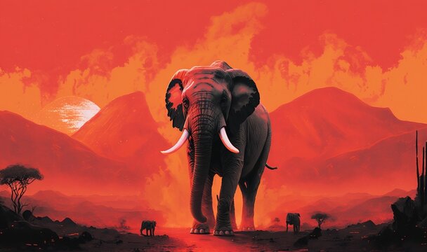  a painting of an elephant standing in front of a red sky with mountains in the background and a red sky with clouds in the background.  generative ai