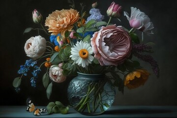 A beautiful bouquet of flowers in a vase for a holiday. On a black background.
