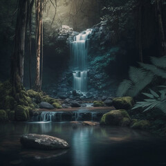 Waterfall in a forest.  AI IMAGE