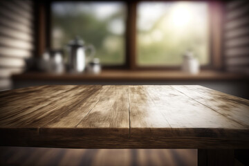 Fototapeta na wymiar empty wooden table with blurry background of kitchen, ai generated