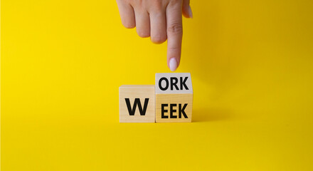 Work Week symbol. Businessman hand points at turned wooden cubes with words Work Week. Beautiful yellow background. Business and Work Week concept. Copy space