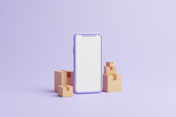 Smartphone with group of cardboard boxes on pastel lilac background. Mock up design. Delivery, online shopping, digital marketing and business concept. 3d render illustration