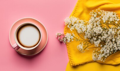  a cup of coffee and a bouquet of flowers on a yellow and pink background with a yellow napkin and a yellow cloth on the side.  generative ai