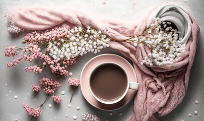  a cup of coffee next to a pink blanket and some pink flowers on a gray surface with white dots around it and a pink scarf.  generative ai