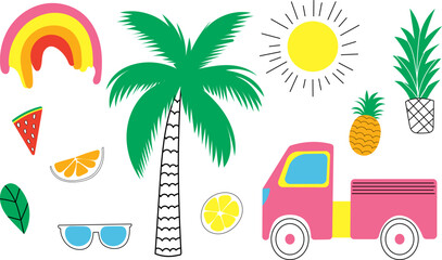 set of summer elements in doodle style sketch, outline isolated, vector