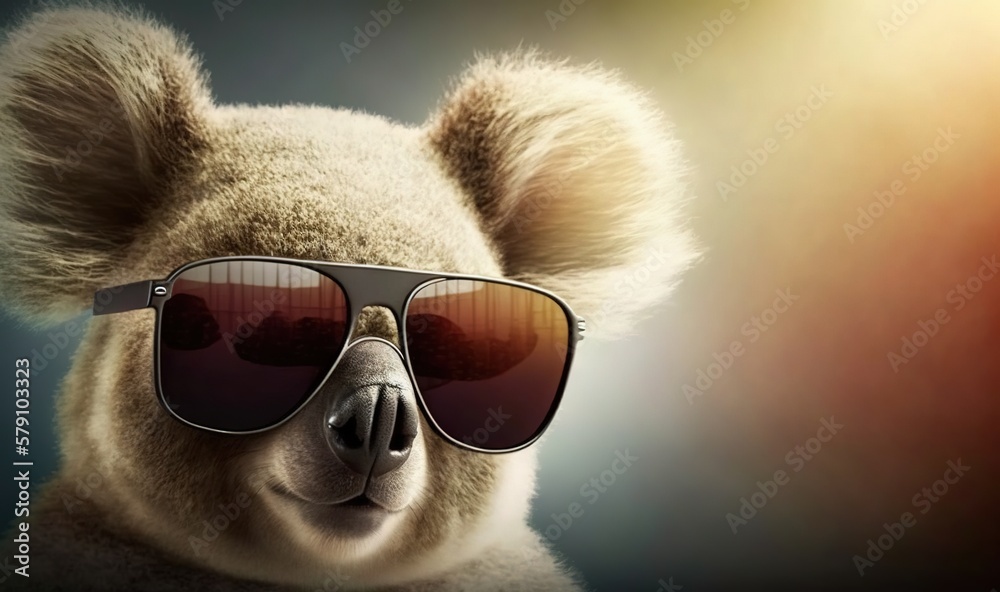 Wall mural a koala wearing sunglasses and wearing a pair of sunglasses with the reflection of the sun on it's f