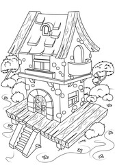 Coloring book for children. Fairy stone two-story house. The task for children can be used in a book or magazine