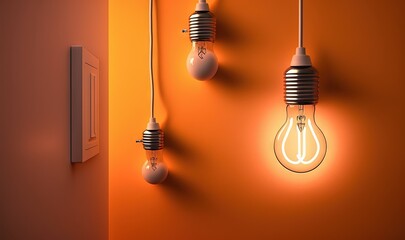  three light bulbs hanging from a wall in a room with an orange wall and a light switch on the wall and a light switch on the wall.  generative ai