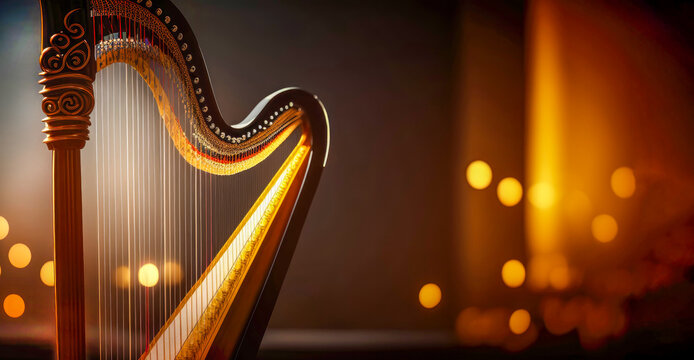 Illumined harp in a festive ambient. Ideal concert background. Generative AI