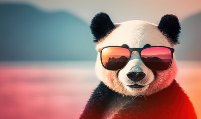 Fototapety   a panda bear with sunglasses on its head and a lake in the background with mountains in the distance and a sunset in the foreground.  generative ai