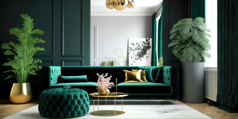 Luxury living room with modern interior design, green velvet sofa, coffee table, pouf, gold decoration, plant, lamp, carpet and elegant personal accessories. Generative AI