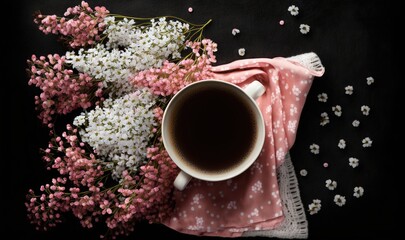  a cup of coffee next to a bouquet of flowers on a tablecloth and a pink and white cloth on a black background with white dots.  generative ai