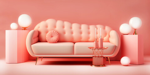 Modern pastel pink sofa with small tables on the sides in front of a pastel pink wall. Tone on tone. Generative AI - obrazy, fototapety, plakaty