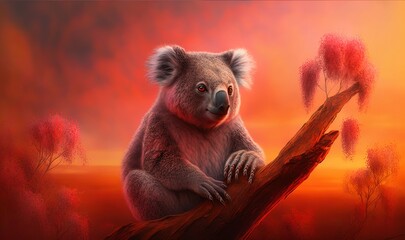  a painting of a koala sitting on a tree branch with red leaves in front of an orange sky with a red and yellow background.  generative ai