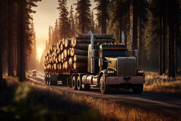 Semi truck carries logs, created by a neural network, Generative AI technology