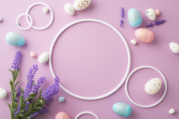 Easter decorations concept. Top view photo of blank circles colorful easter eggs and bunch of lavender flowers on isolated pastel violet background with empty space