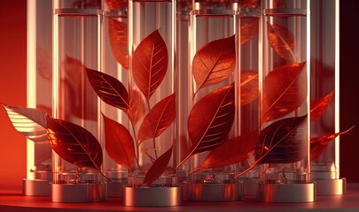  a group of glass vases with red leaves in them and a red wall in the background behind the vases is a red wall.  generative ai