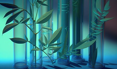  a painting of a bamboo plant in a glass vase with a shadow on the floor and a blue background with a green plant in the middle of the picture.  generative ai