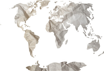 World map paper texture cut out on transparent background.