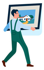 Man holding picture in frame. Repairman hanging landscape on wall