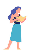 Woman reading book. Literature lover standing. Smart hobby concept