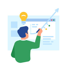 Man drawing rising arrow. Guy having idea for growth