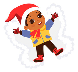 Boy lying on ground. Kid making snow angel. Child enjoyng snowfall