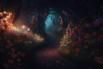 Night forest and flowery path, Generative AI