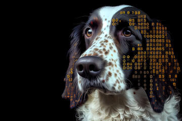 Illustration of abstract digital Dog concept on black background, Humanly enhanced AI Generated image.